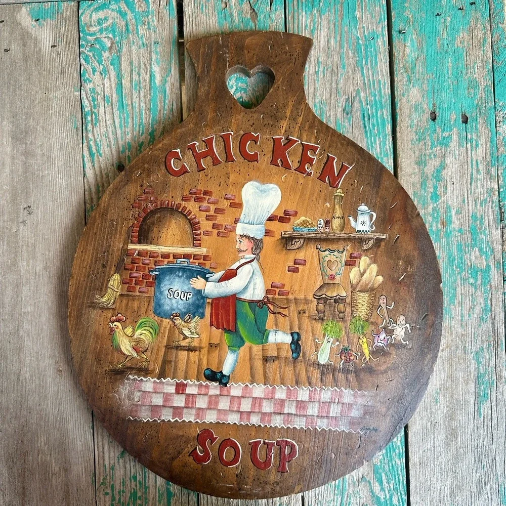 VTG Folk Art Hand Painted Wooden Cutting Board Wall Decor Chicken Soup Signed